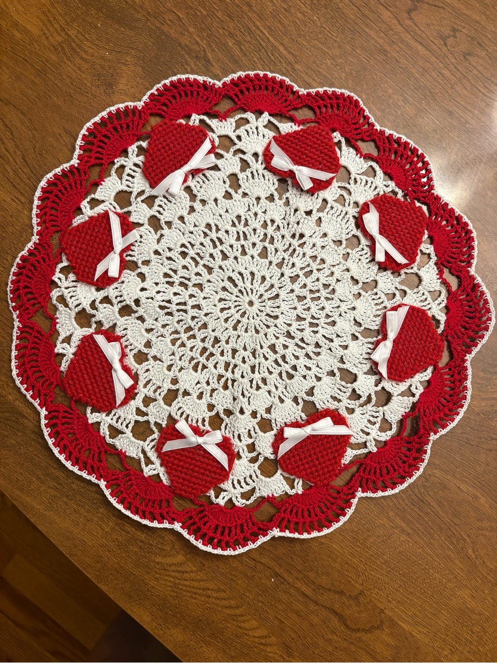 Red and White Crochet Holiday Doily with Heart Accents